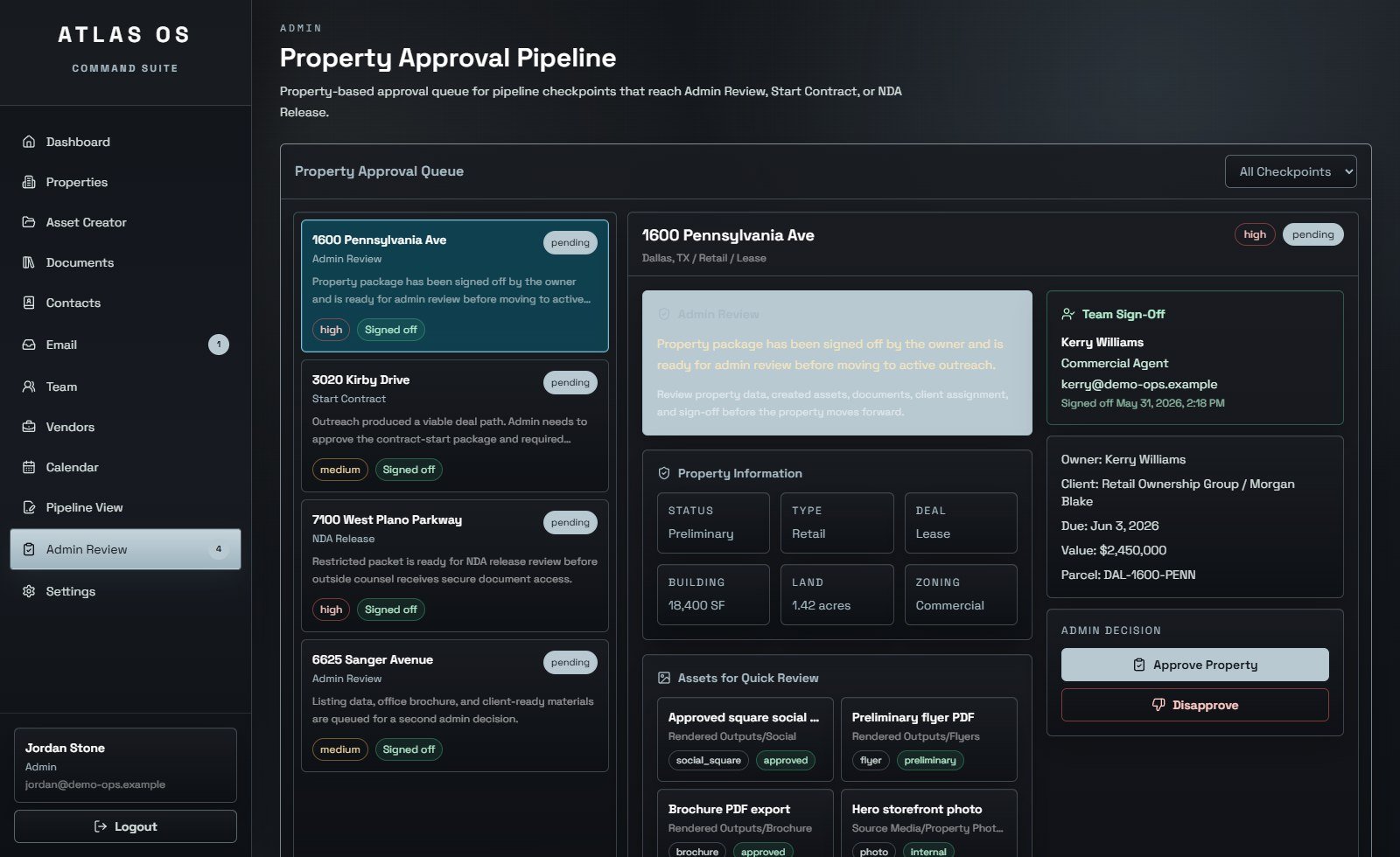 Rebranded admin review pipeline snapshot